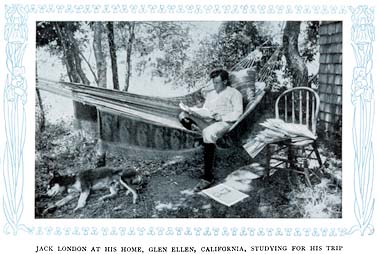 JACK LONDON AT HIS HOME, GLEN ELLEN, CALIFORNIA, STUDYING FOR HIS TRIP